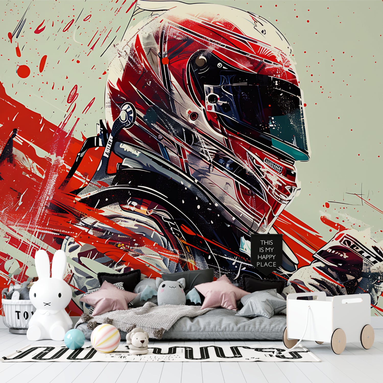 Dynamic racing helmet design transforms home office with bold red and black tones