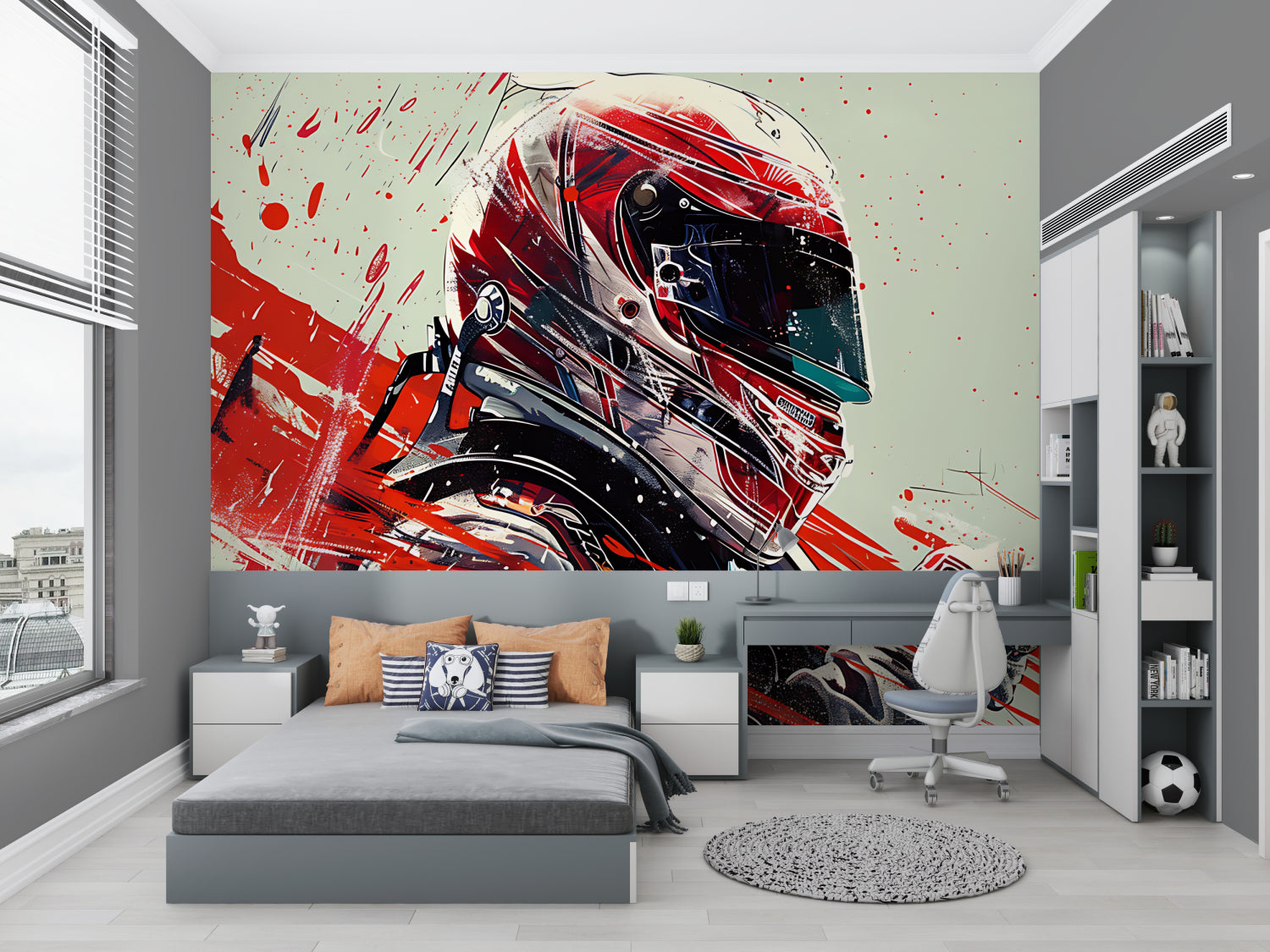 Racing sports wallpaper creates focal point in modern entertainment room setting