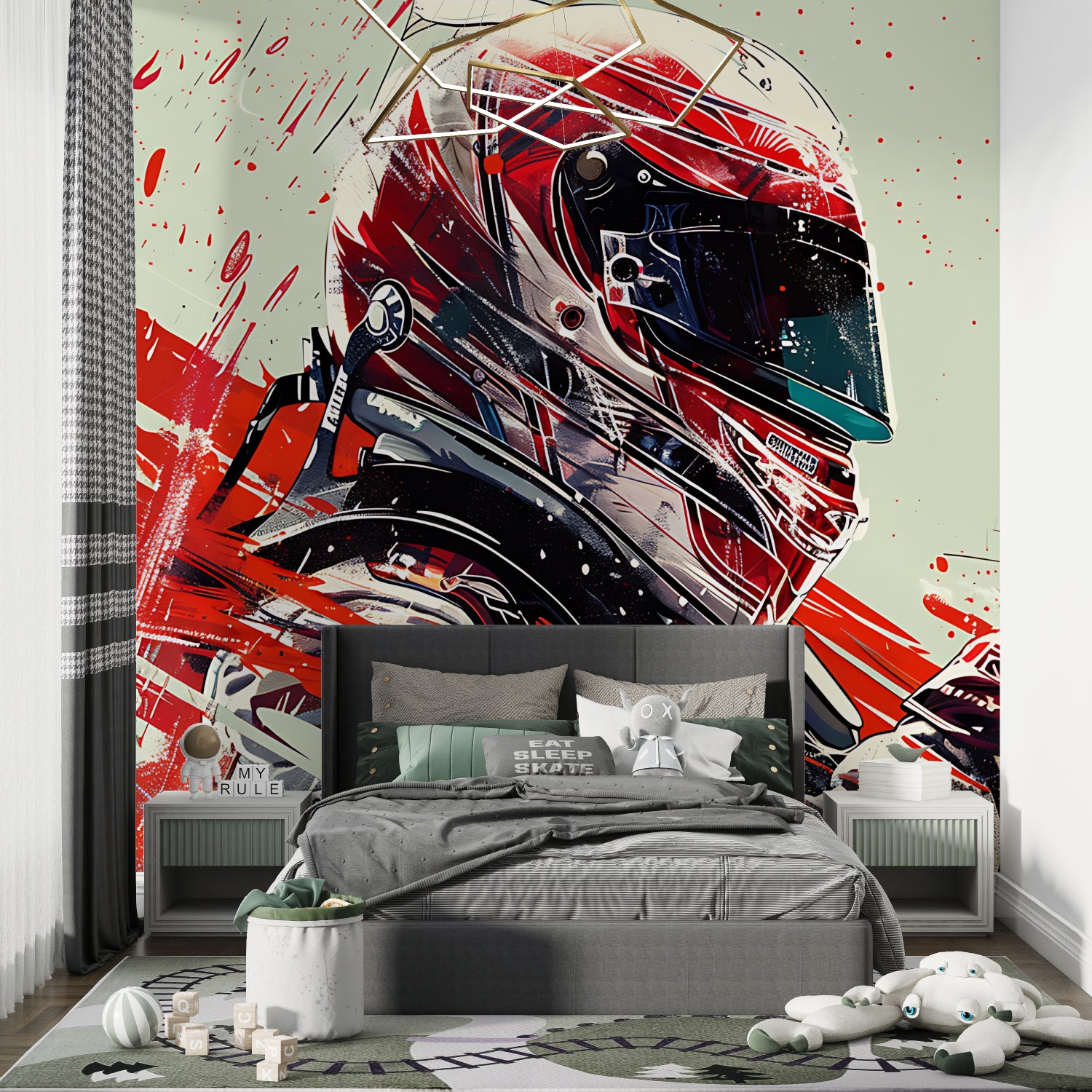 Motorsport themed wall mural adds energy to man cave with gaming setup