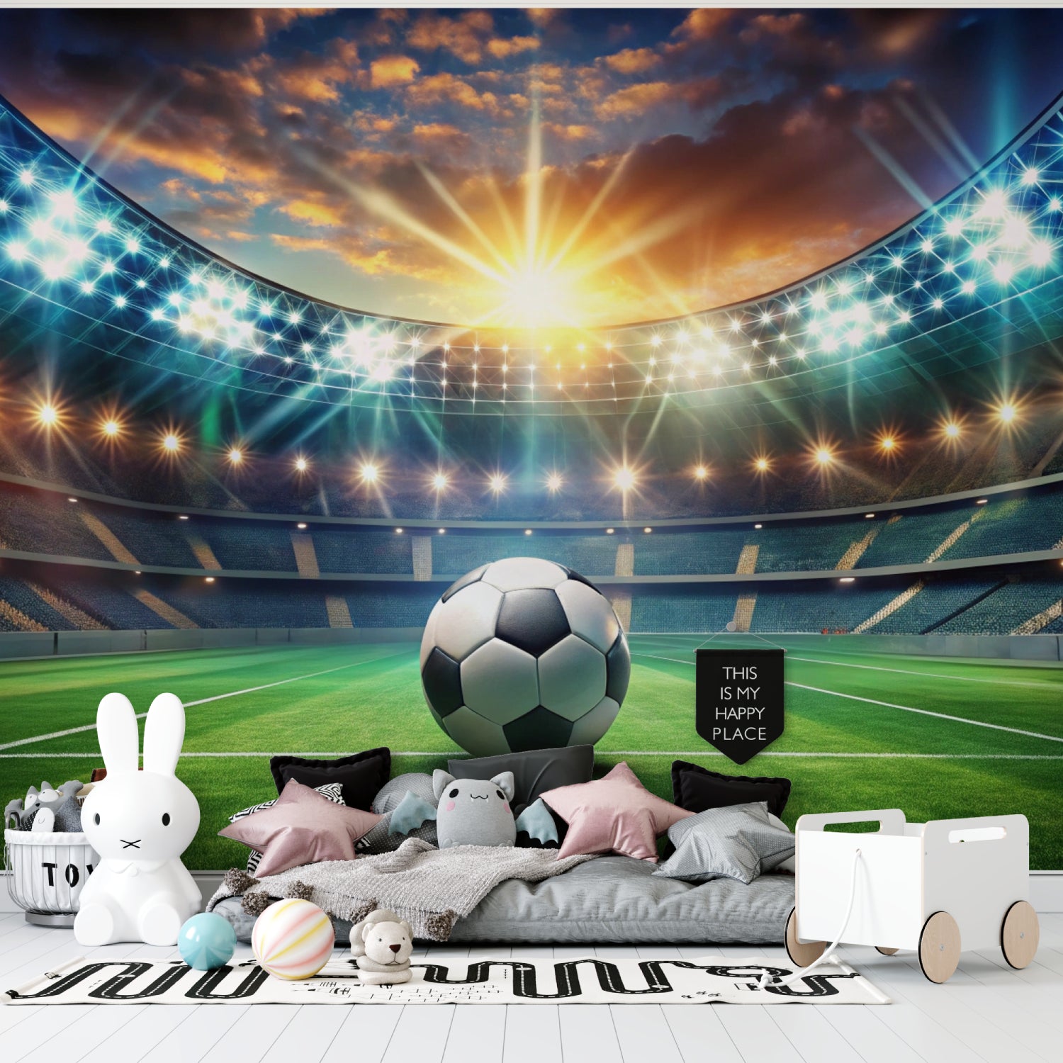 Game room transformed with football arena wallpaper showing grandstand views