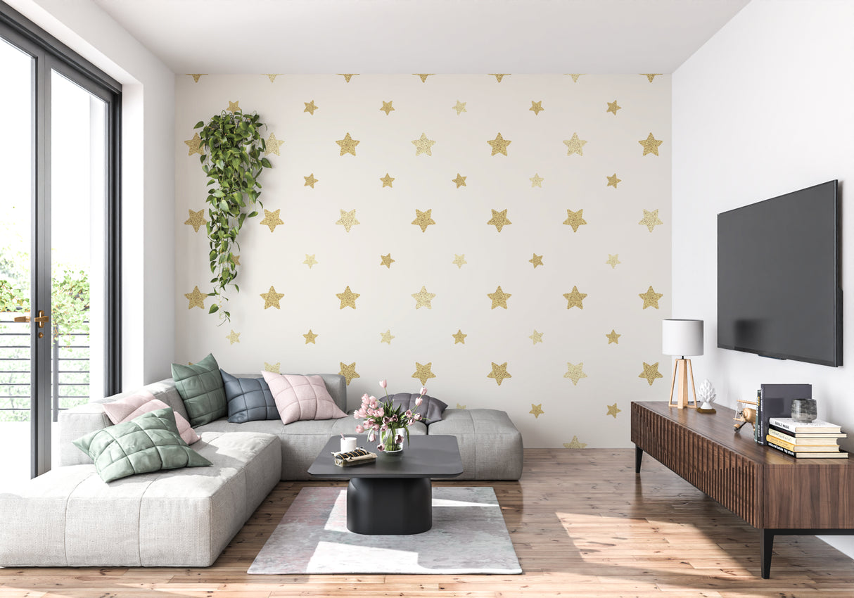 Gold star pattern wallpaper transforming a home office with its subtle shimmer