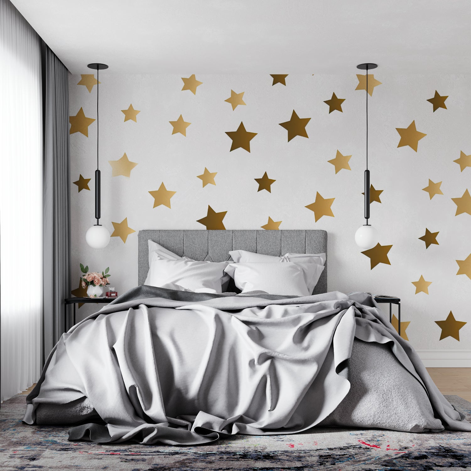 Golden star wallpaper bringing warmth to a modern living room with natural light
