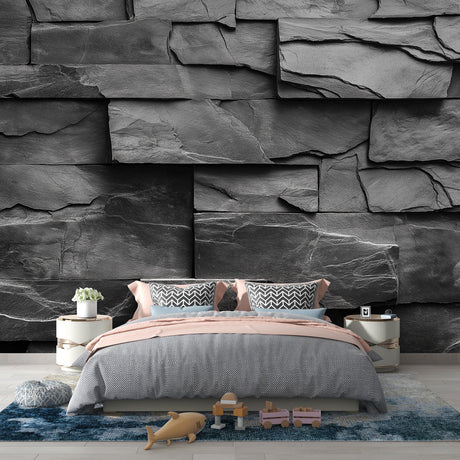 Modern living room featuring dramatic Black Slate Stone Wallpaper creating depth and texture on accent wall