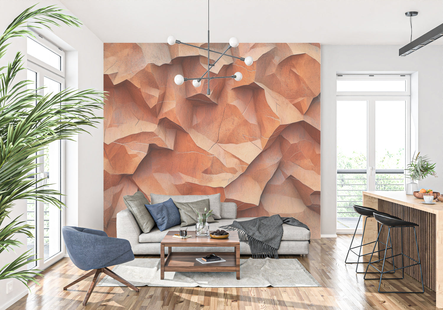 Terracotta stone effect wallpaper creating warm atmosphere in dining area