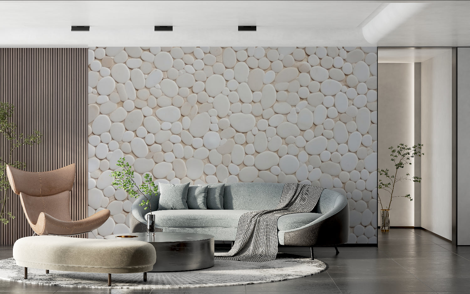 3D stone wallpaper creating a calming feature wall in a dining room