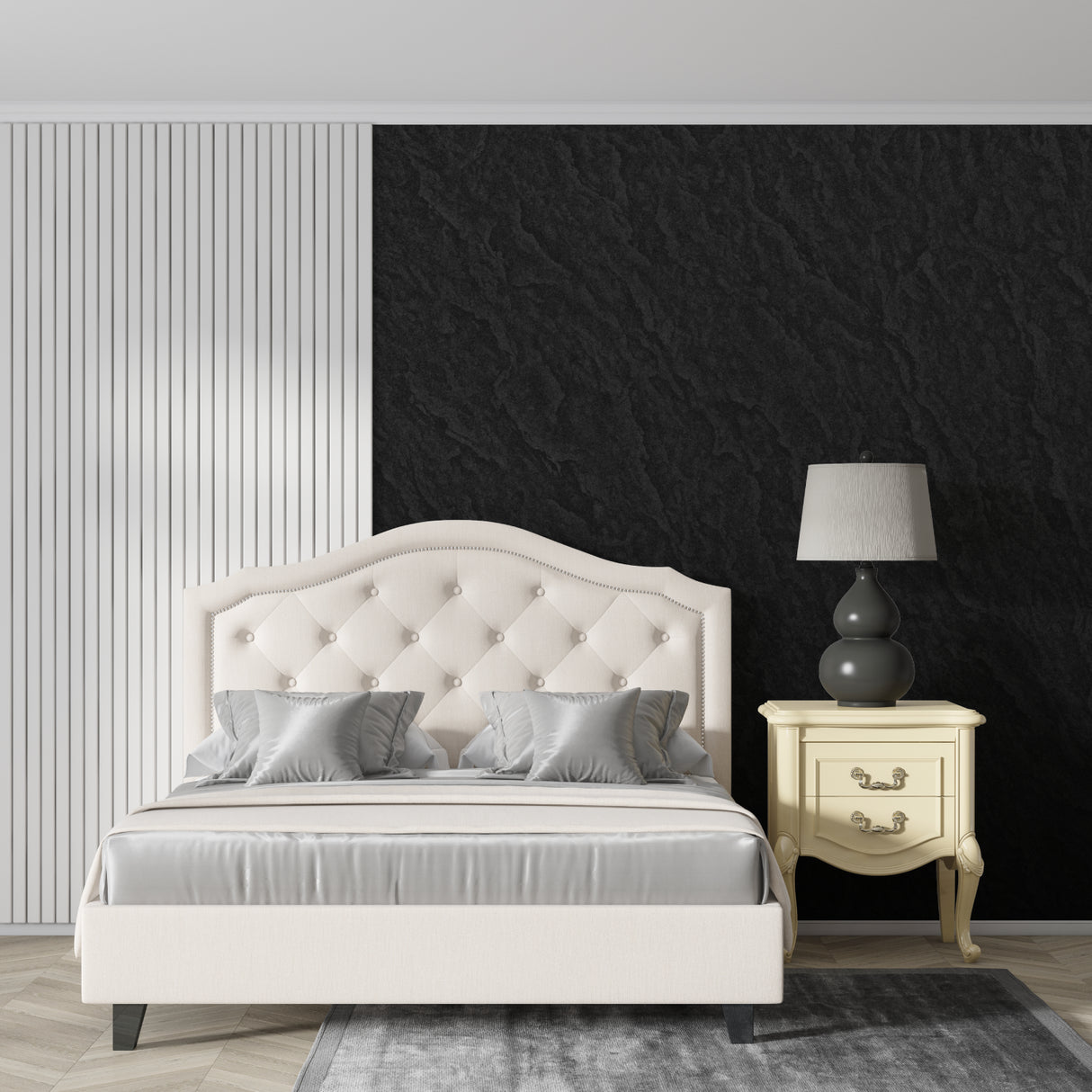 Black textured wallpaper in minimalist bedroom creating cozy atmosphere