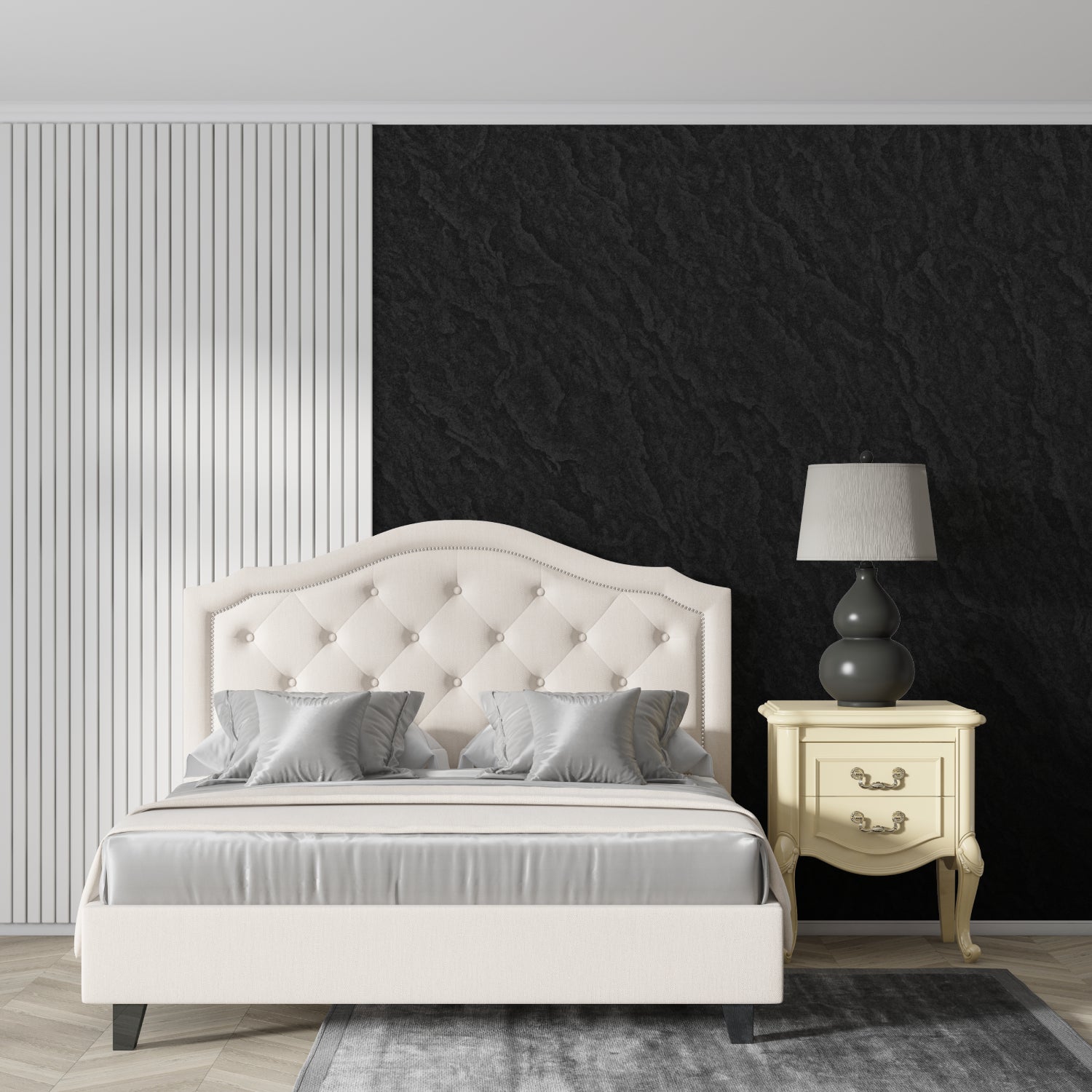 Black textured wallpaper in minimalist bedroom creating cozy atmosphere