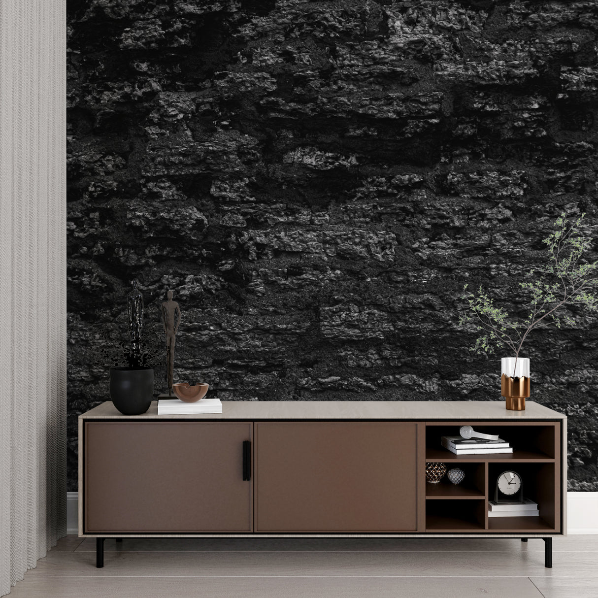 Black textured stone wallpaper in contemporary dining room setting