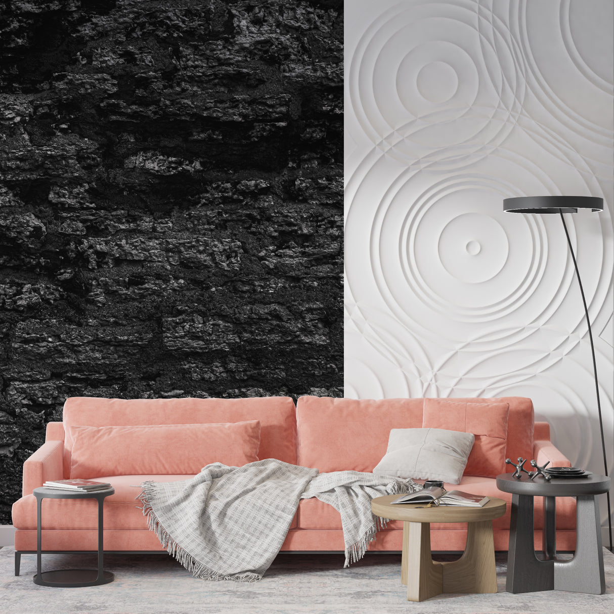 Stone texture mural wallpaper in upscale hotel lobby entrance