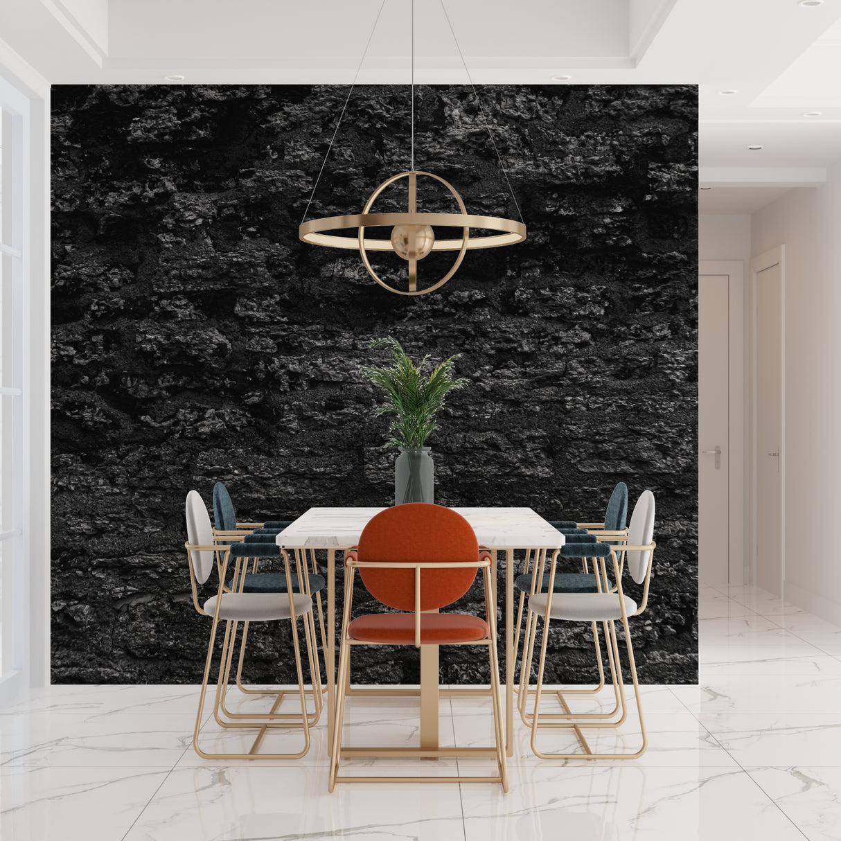 Dark stone wall mural in minimalist office space showing scale