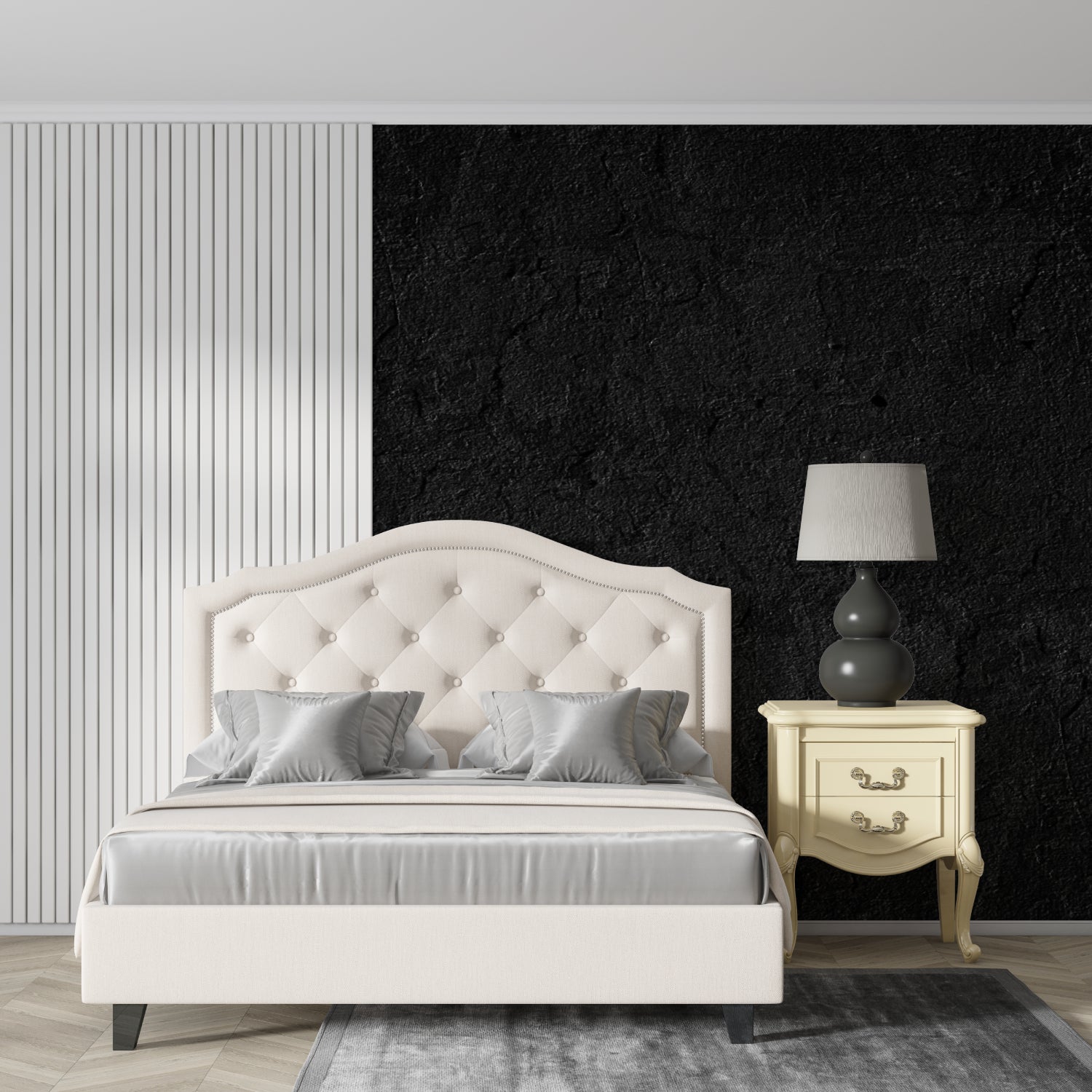Black stone textured wallpaper in modern minimalist living room with grey sofa and accent lighting