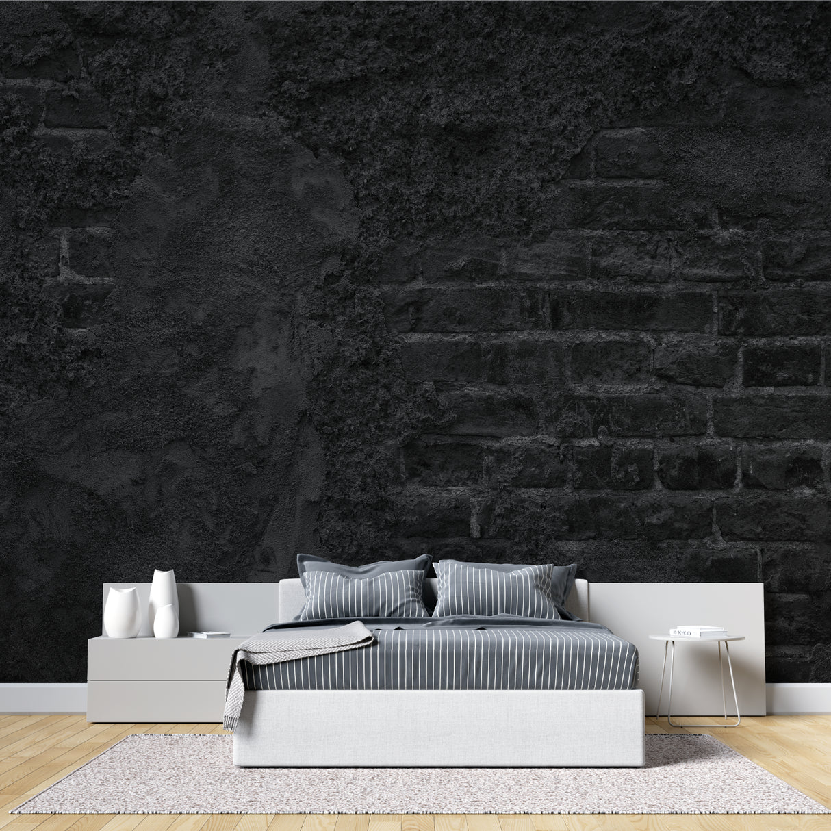 Stone effect wall mural in dining room with contemporary furniture