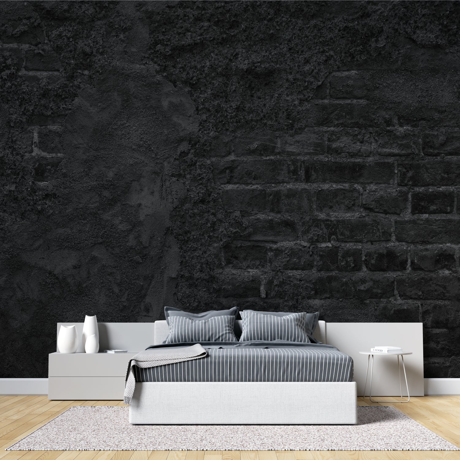 Stone effect wall mural in dining room with contemporary furniture