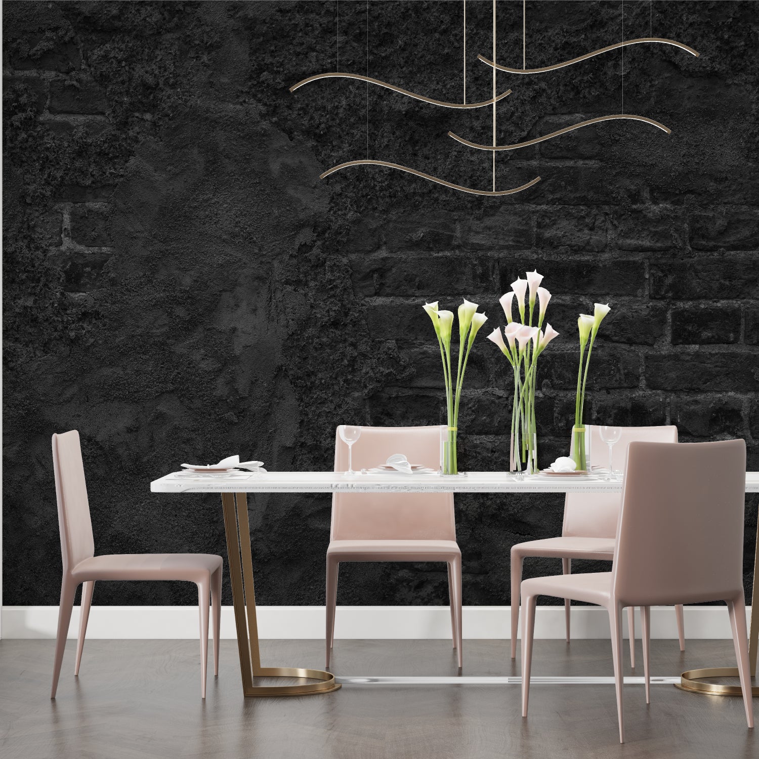 Dark brick wallpaper making statement in modern hallway setting