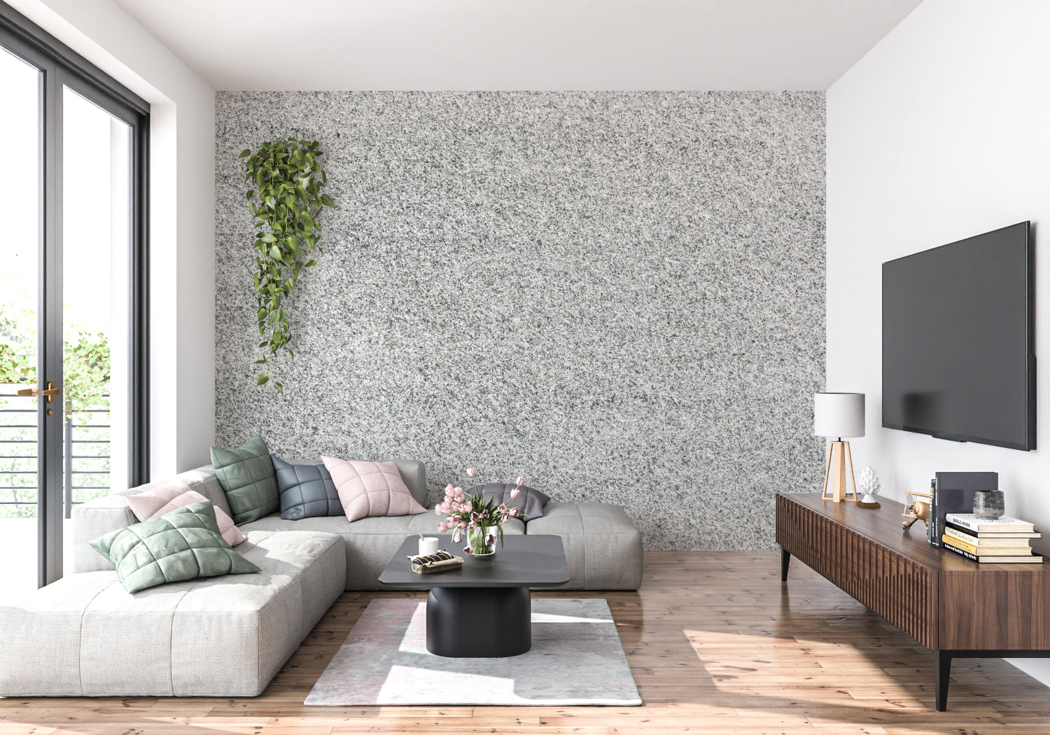 Modern office space featuring grey stone effect wall mural