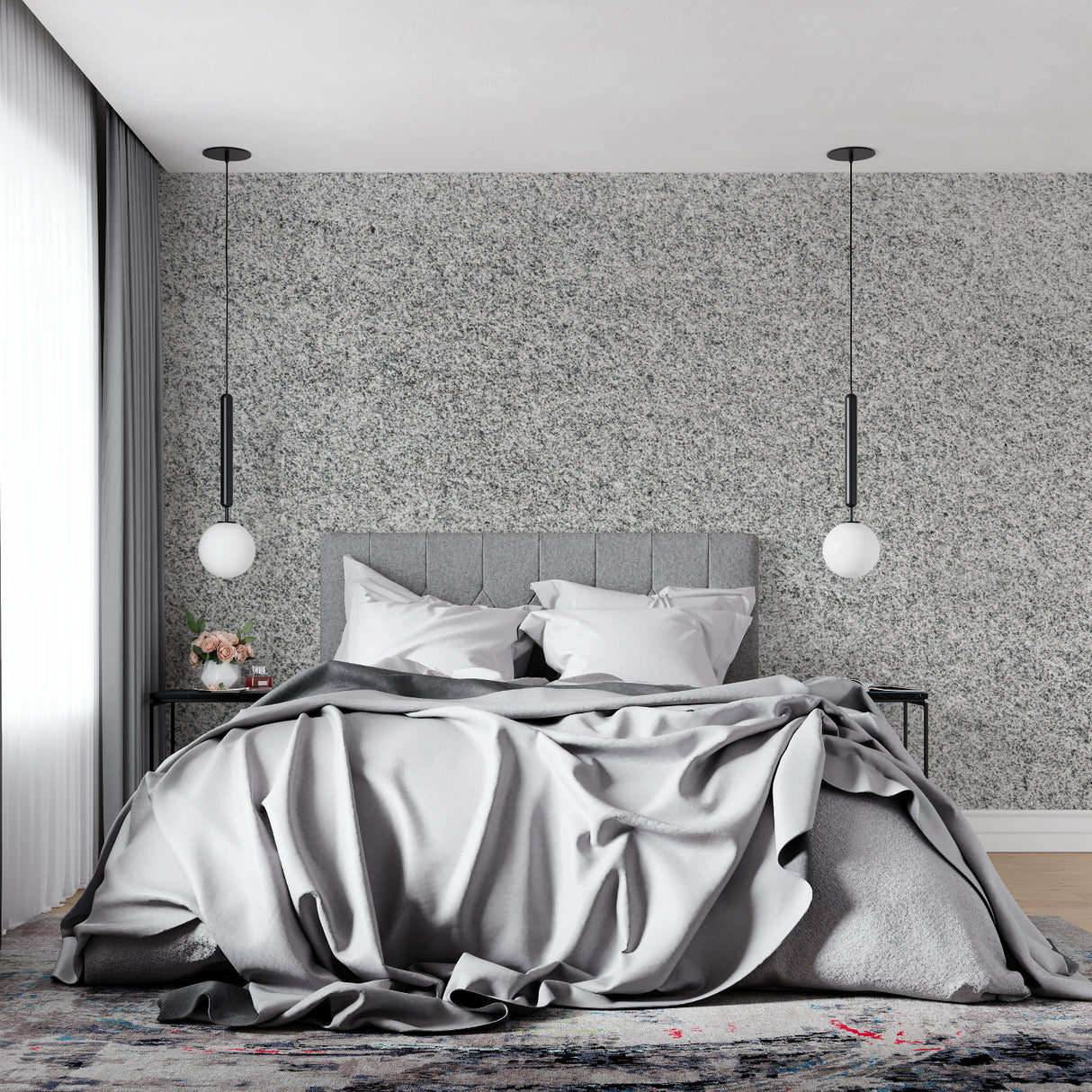 Hallway showcase of speckled grey stone wallpaper pattern