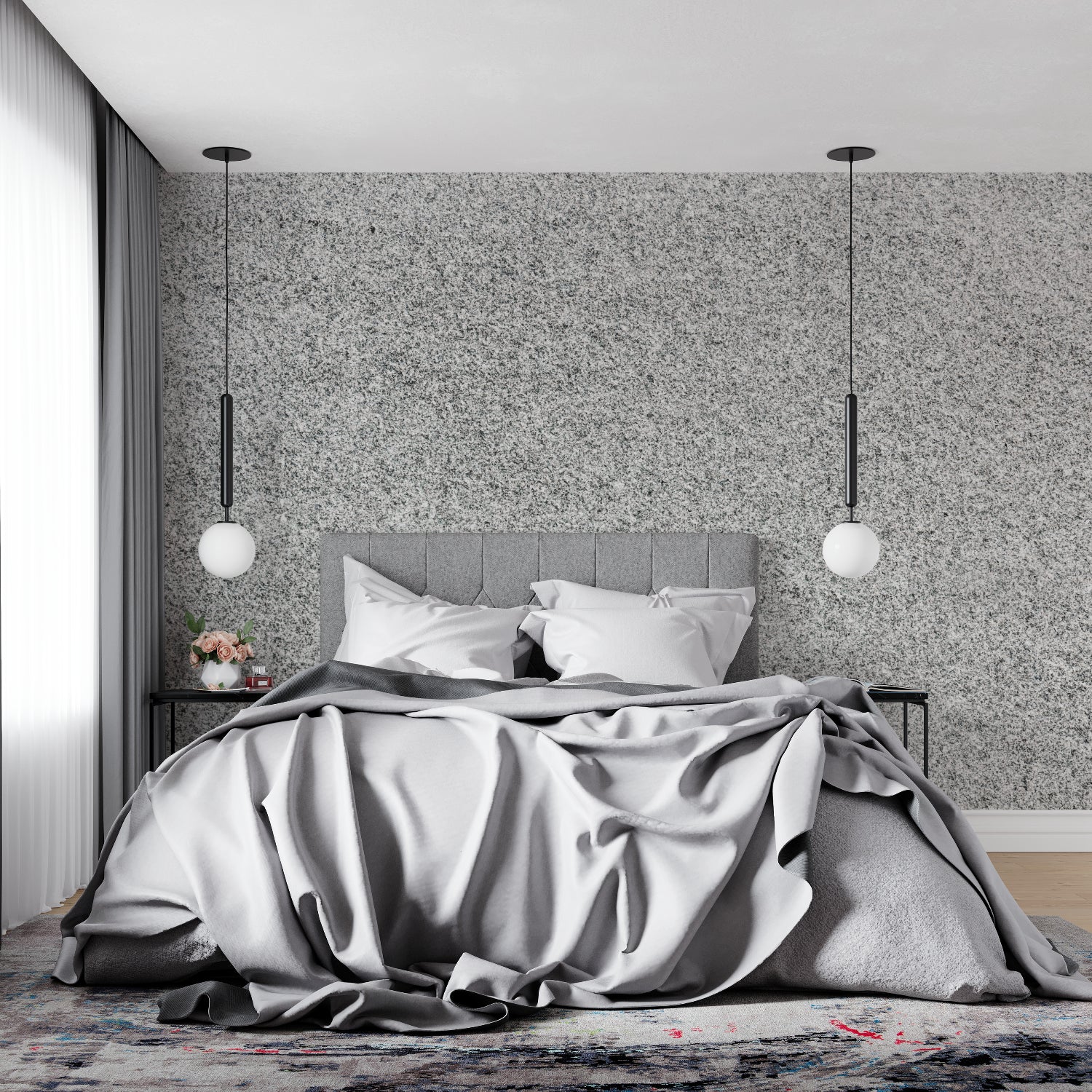 Hallway showcase of speckled grey stone wallpaper pattern