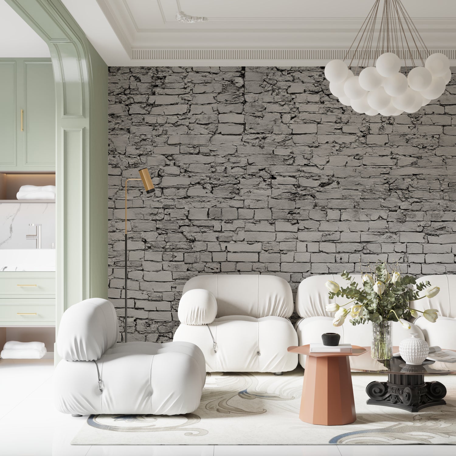 Industrial brick mural in home office with minimalist desk setup