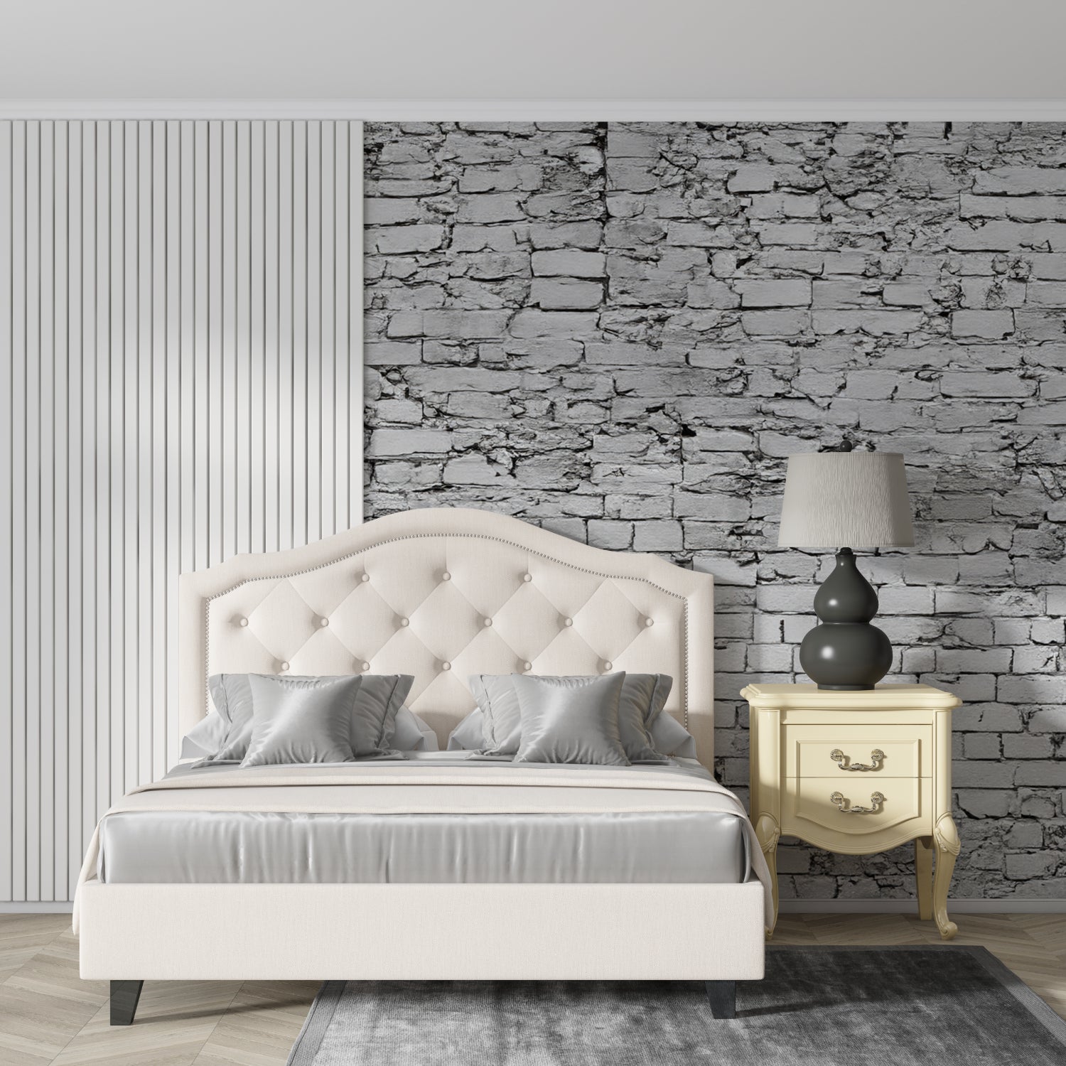Stone wallpaper creating urban feel in modern kitchen space