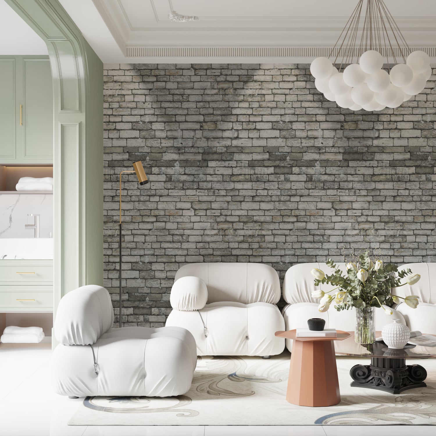 Stone wall mural installation in dining room with modern furniture