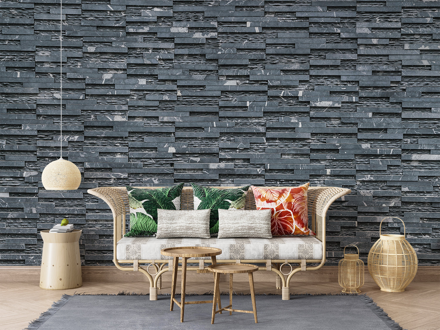 Stone effect wallpaper in dining room with moody lighting highlighting texture