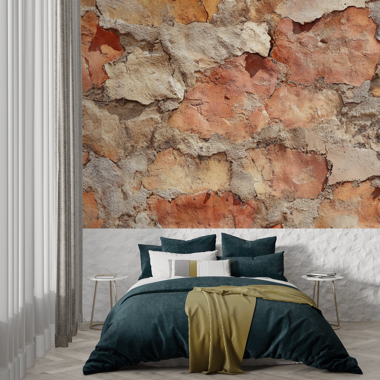 Terracotta stone mural creating depth in an entryway