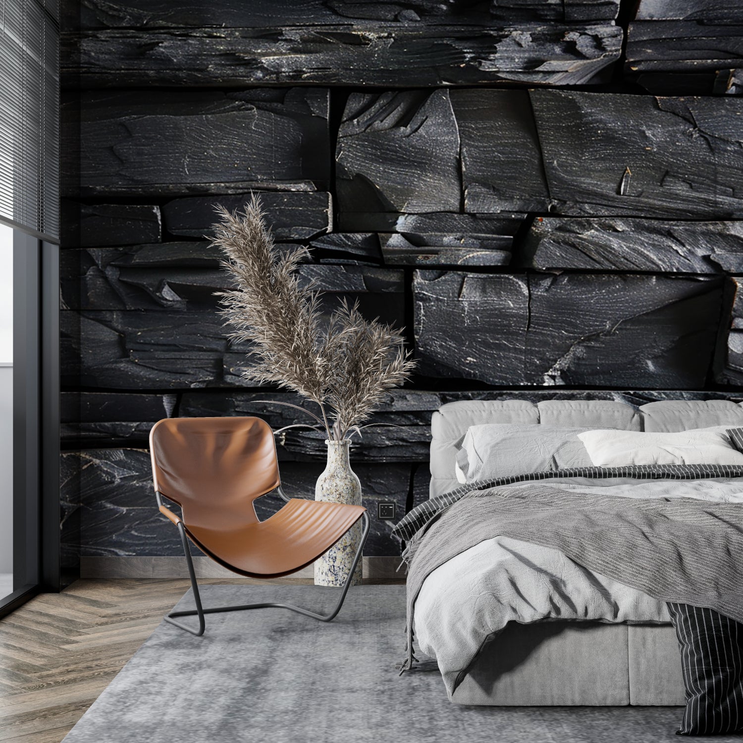 Modern stone wallpaper creating dramatic backdrop in urban loft space