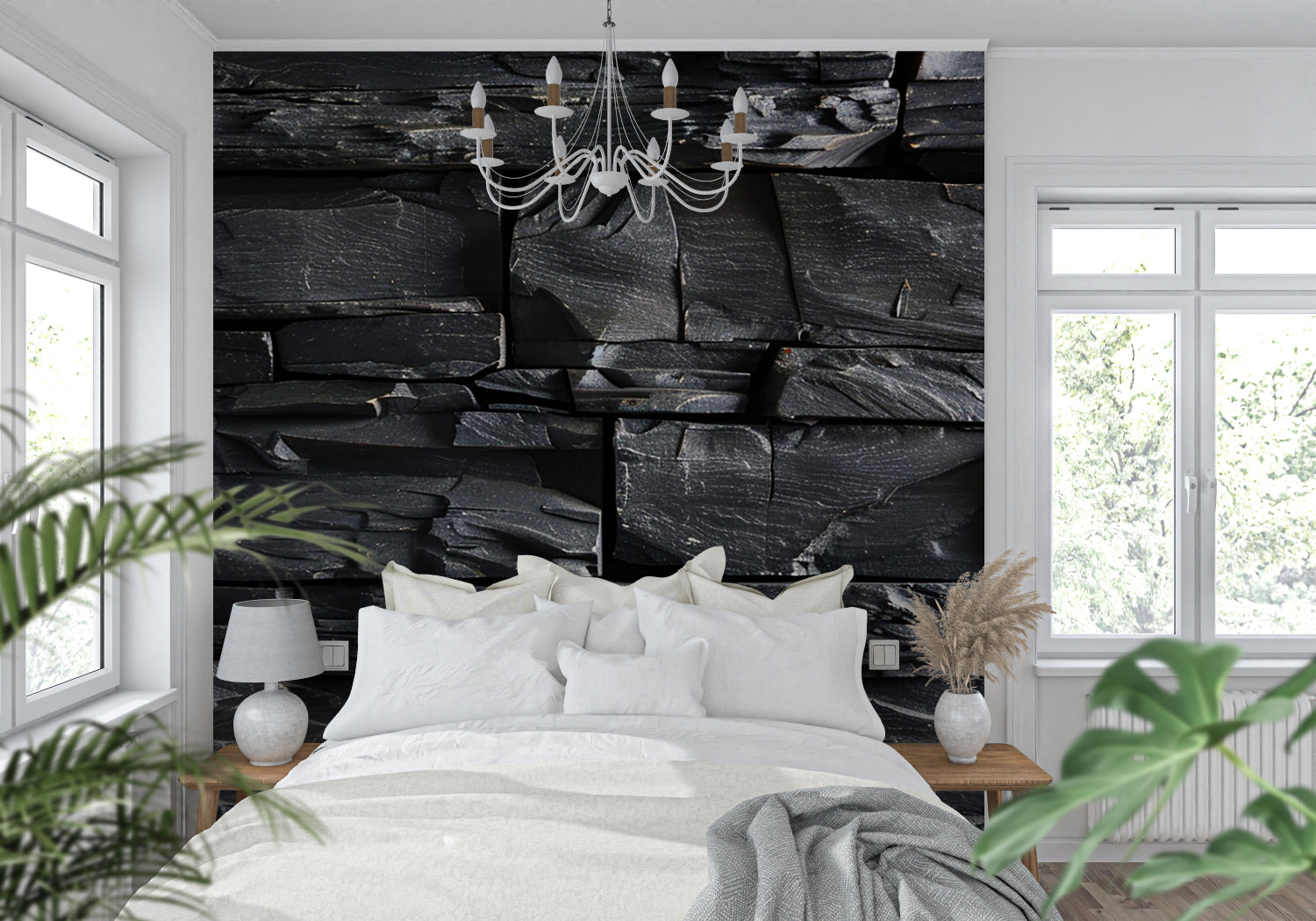 Black slate wallpaper feature wall in luxury hotel lobby setting