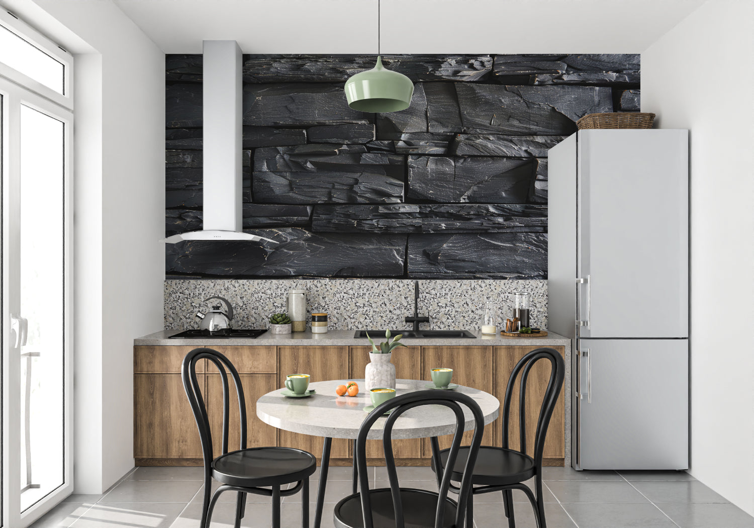 Stone effect mural wallpaper in upscale restaurant interior