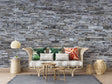 Modern grey stone wallpaper in minimalist living room showing texture and depth