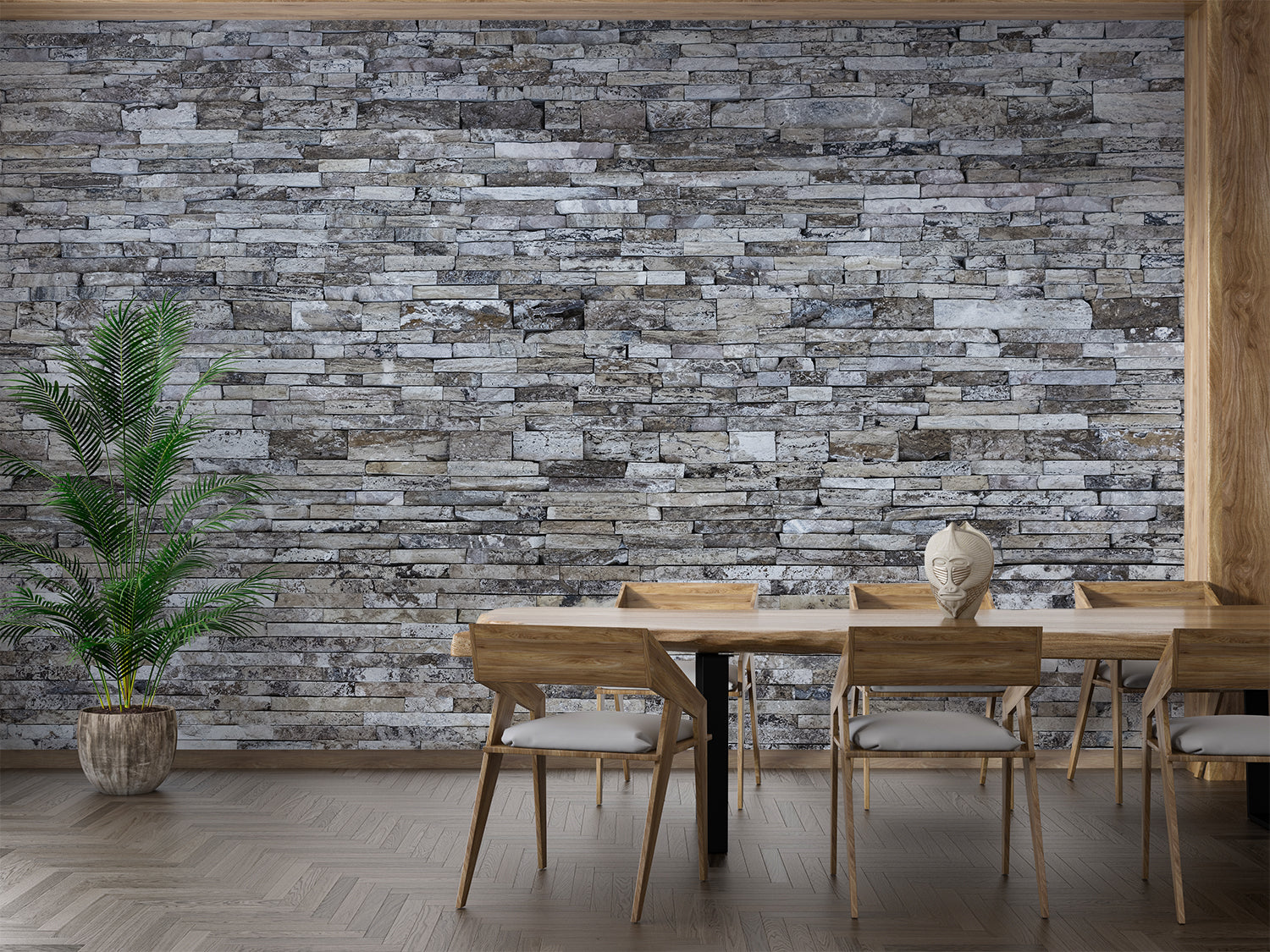 3D stone effect wall mural in contemporary dining room with natural lighting