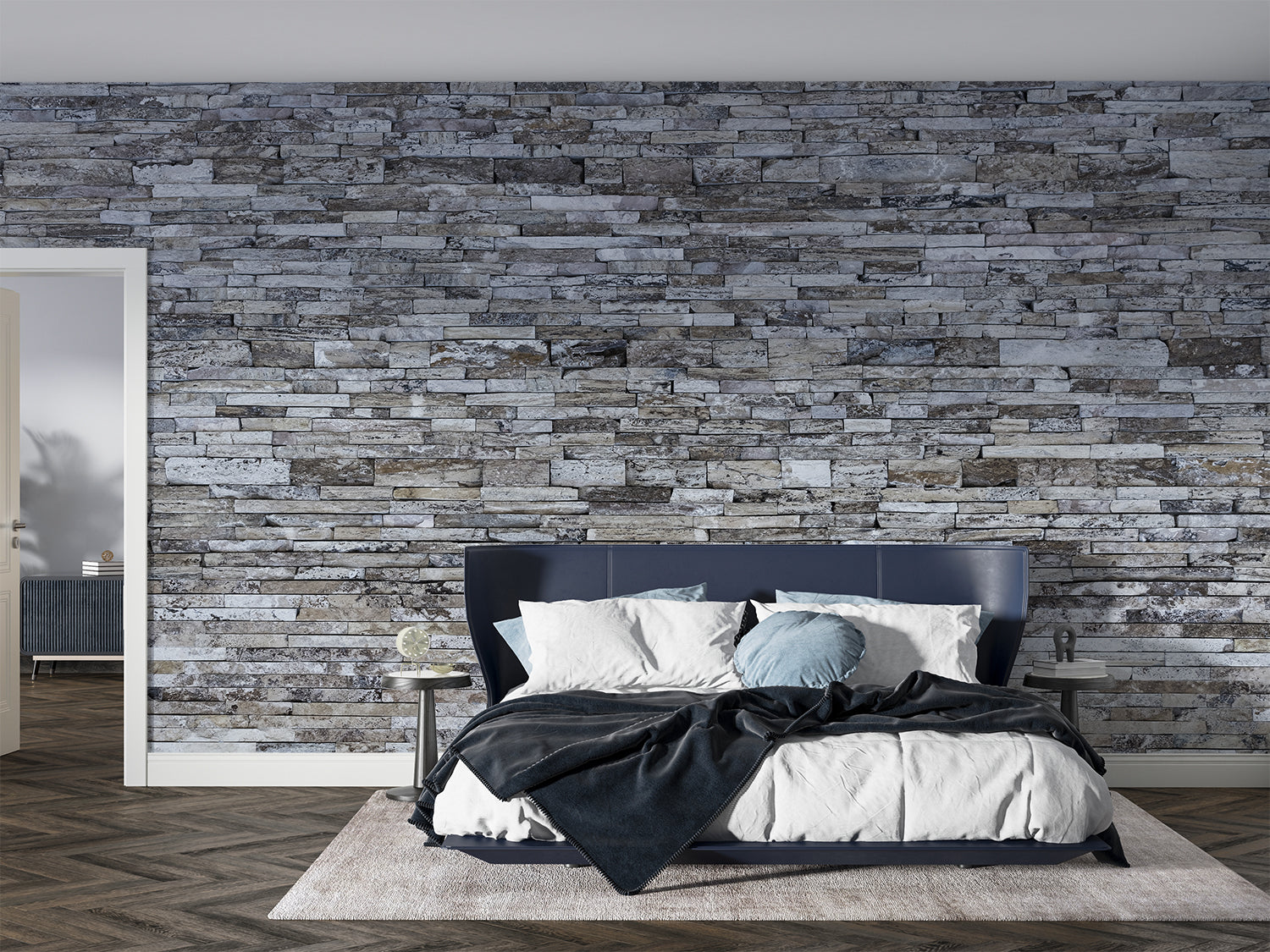 Grey stone texture wallpaper creating statement wall in modern bedroom