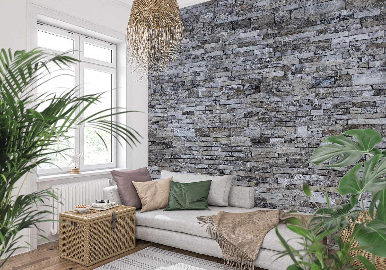 Stone effect mural wallpaper in industrial style office space
