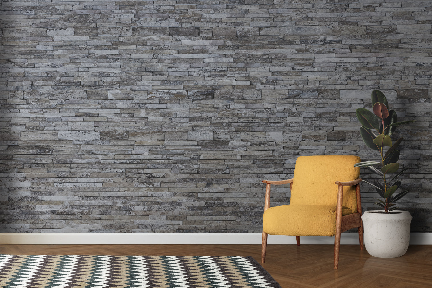 Textured stone wallpaper installation in modern hallway showing 3D effect