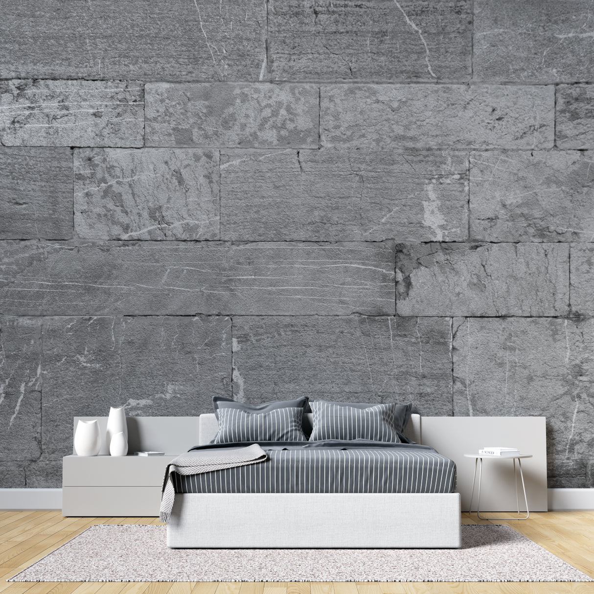 Grey stone block wall mural creating depth in modern bedroom setting