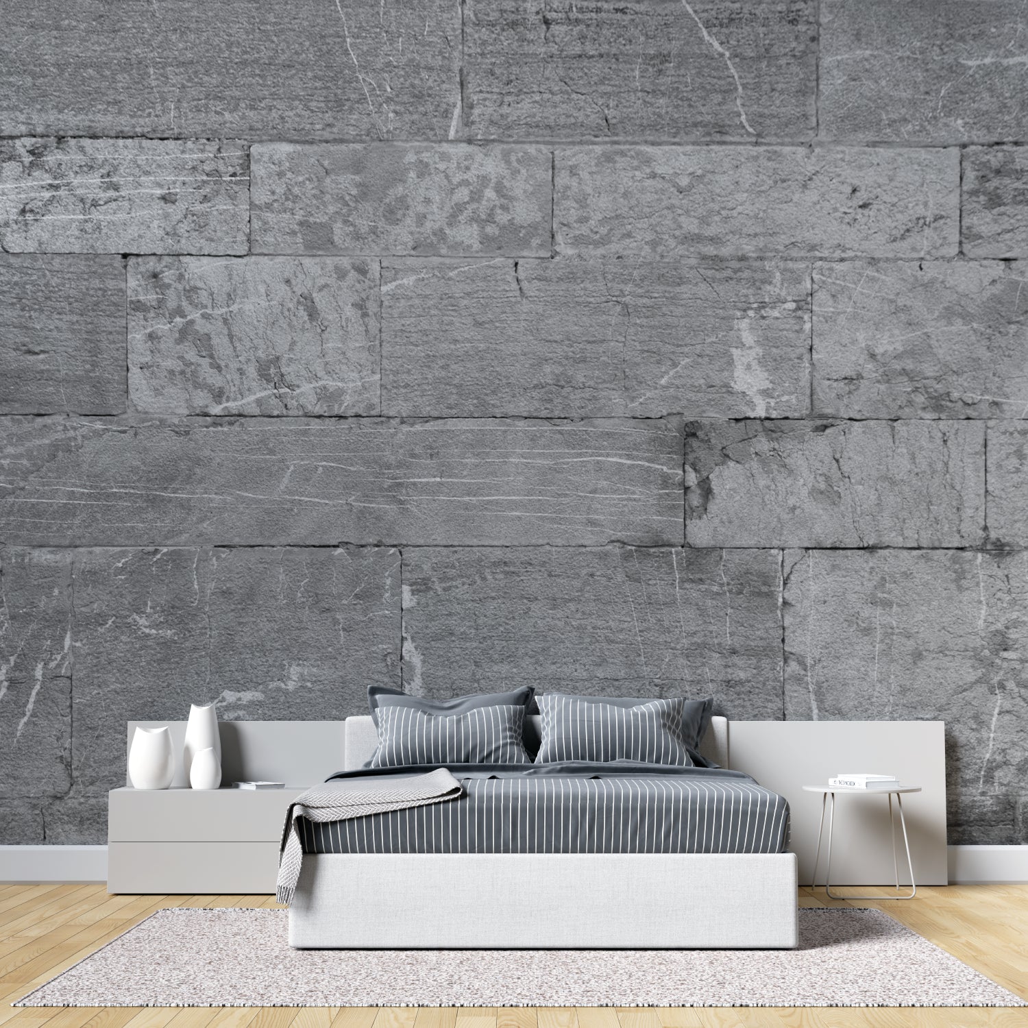 Grey stone block wall mural creating depth in modern bedroom setting