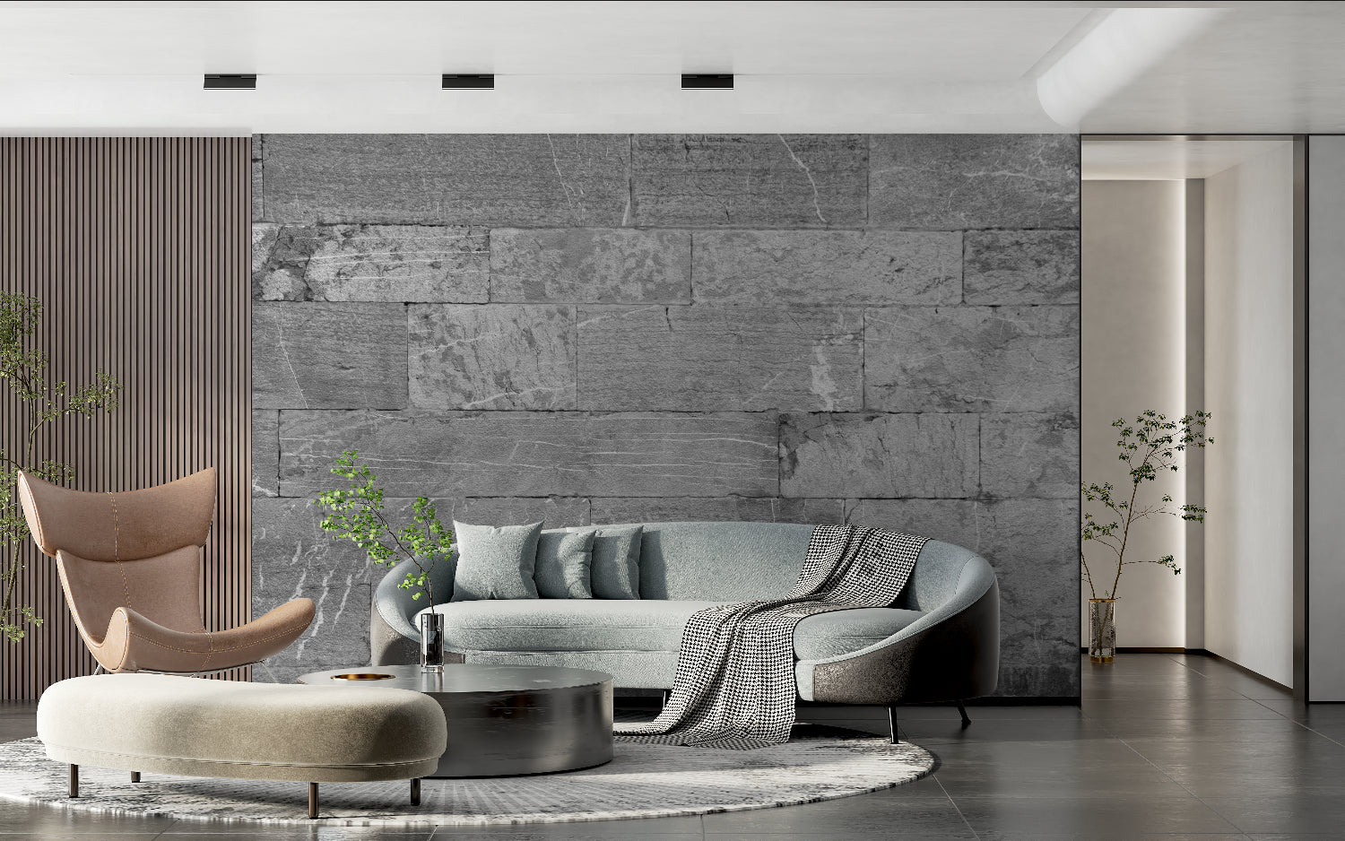 Stone block wallpaper installation in modern hallway setting