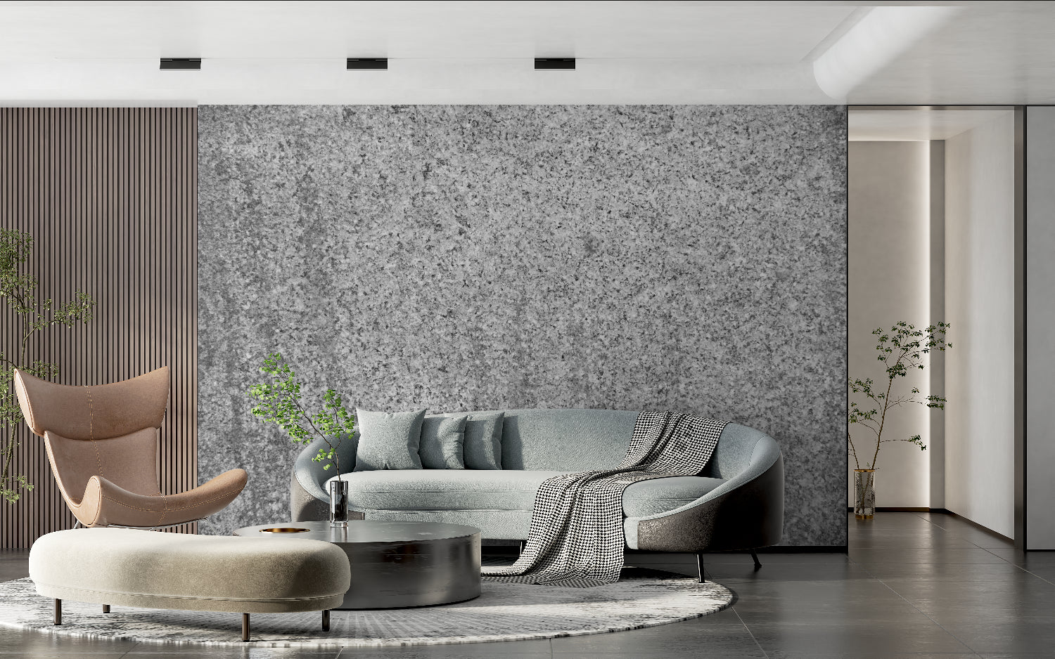 Grey granite wallpaper transforming a master bedroom into a luxury retreat
