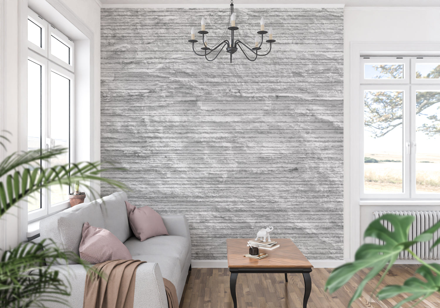 Linear stone wallpaper creating depth in hallway setting