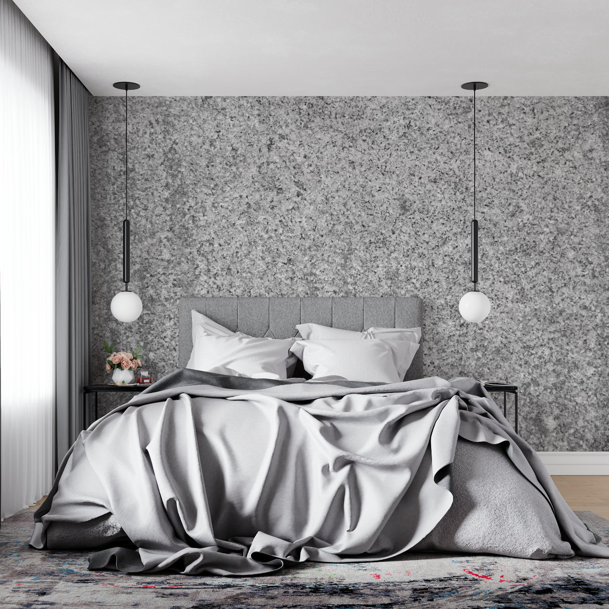 Grey marble effect wallpaper showcased in contemporary dining room with pendant lighting