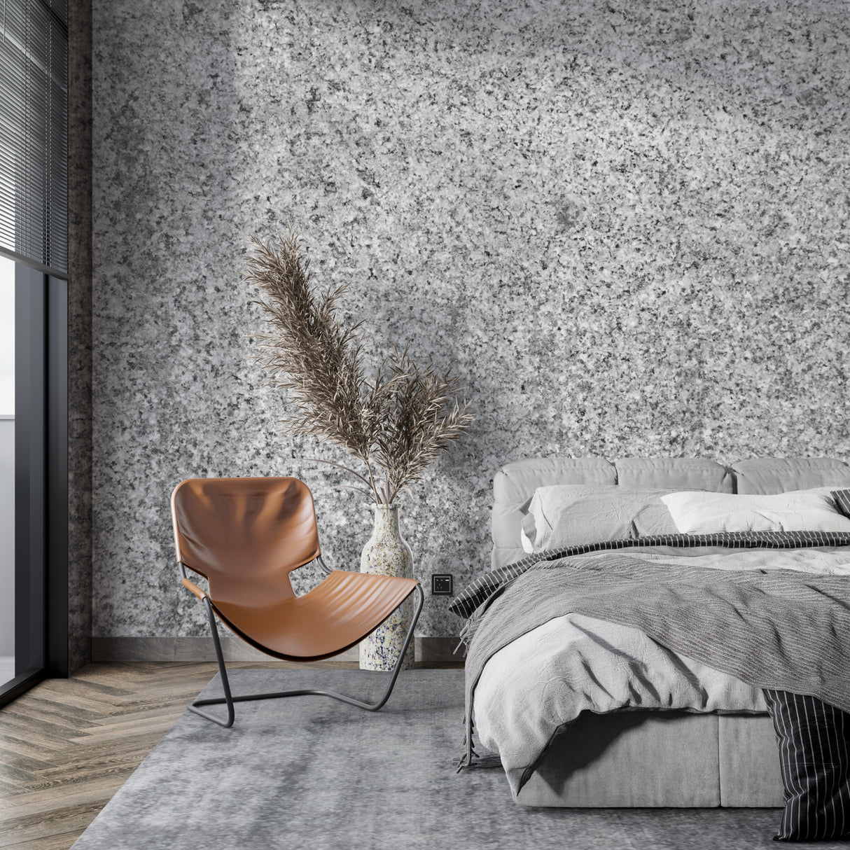 Stone effect wall mural in minimalist hallway, adding depth and texture