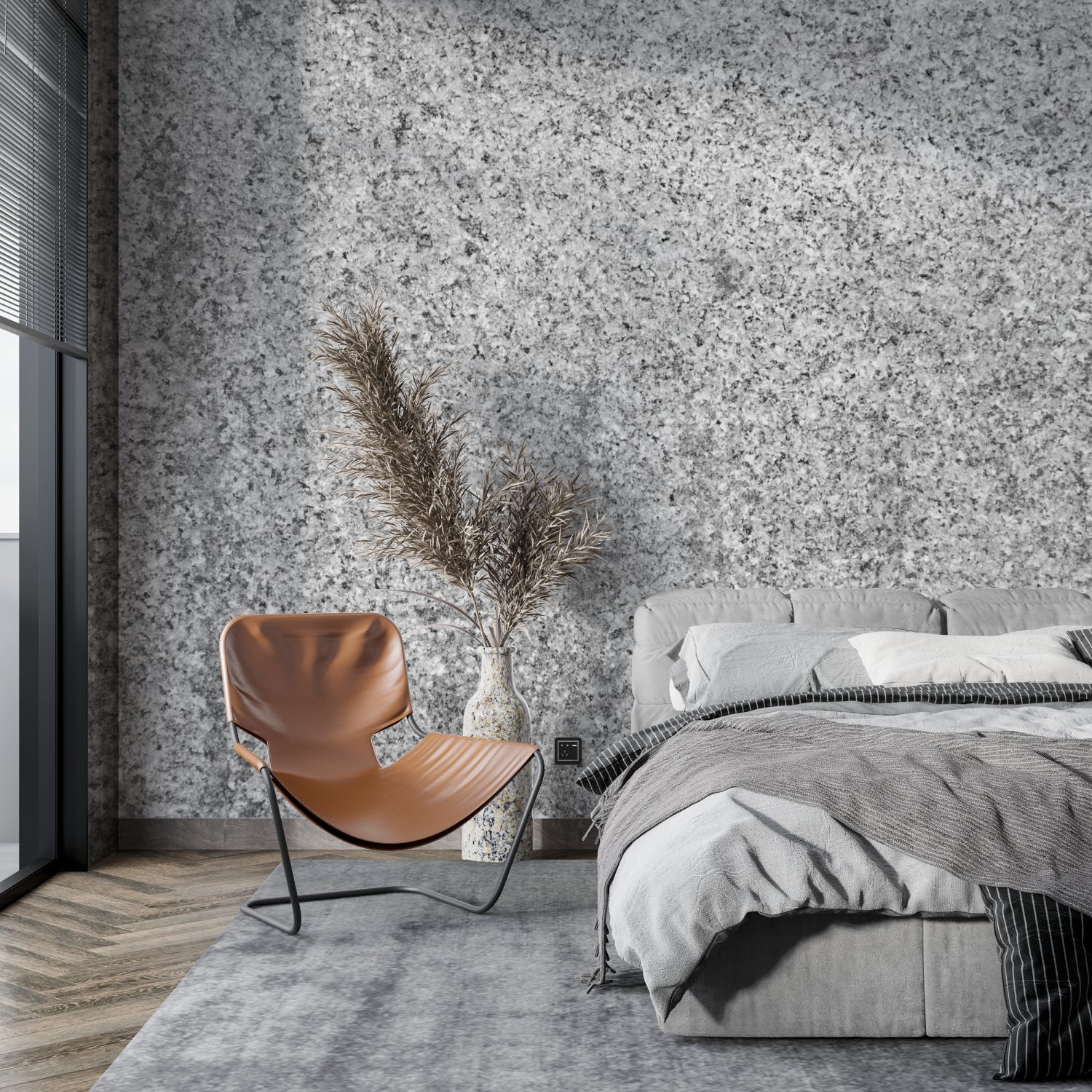Stone effect wall mural in minimalist hallway, adding depth and texture