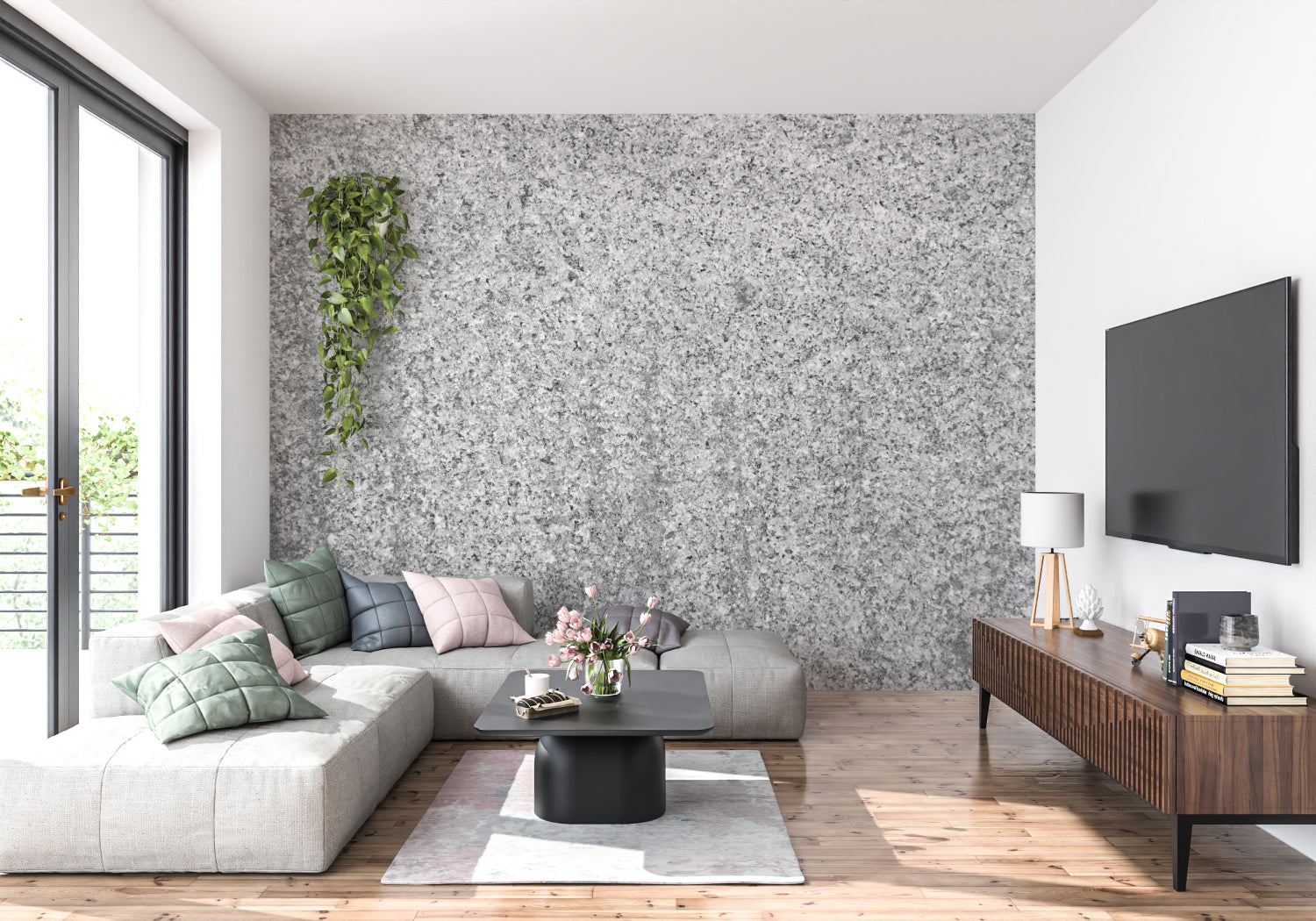 Modern grey marble wallpaper featured in master bedroom, creating a sophisticated atmosphere