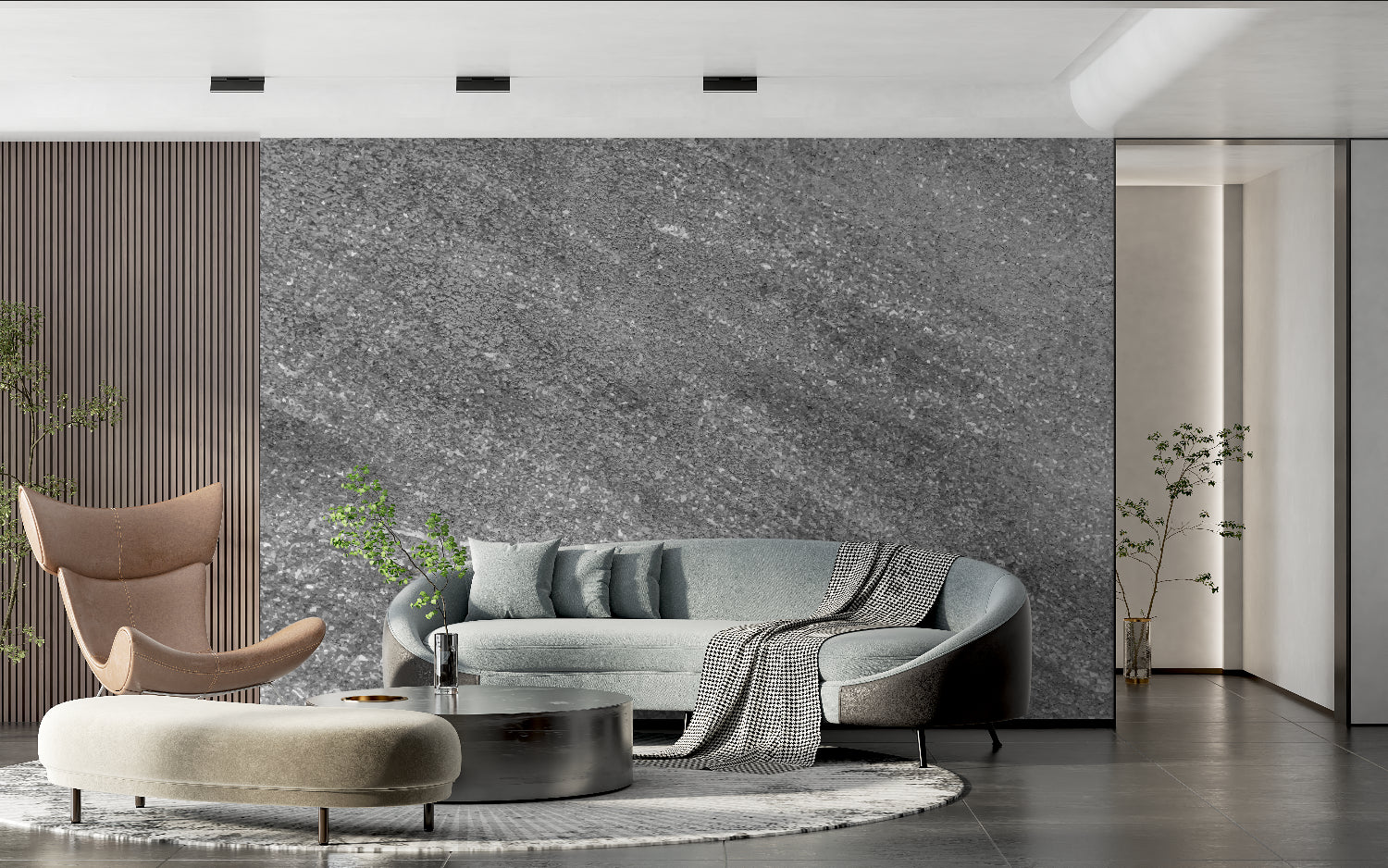 Grey stone mural installation in upscale restaurant entrance