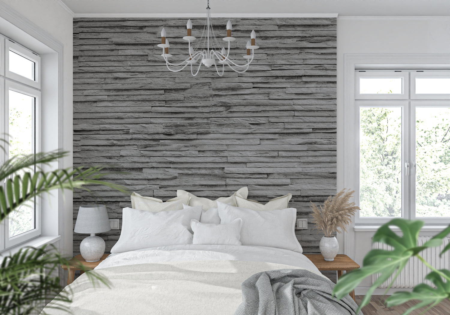 Stone wall mural creating dramatic backdrop in contemporary dining room