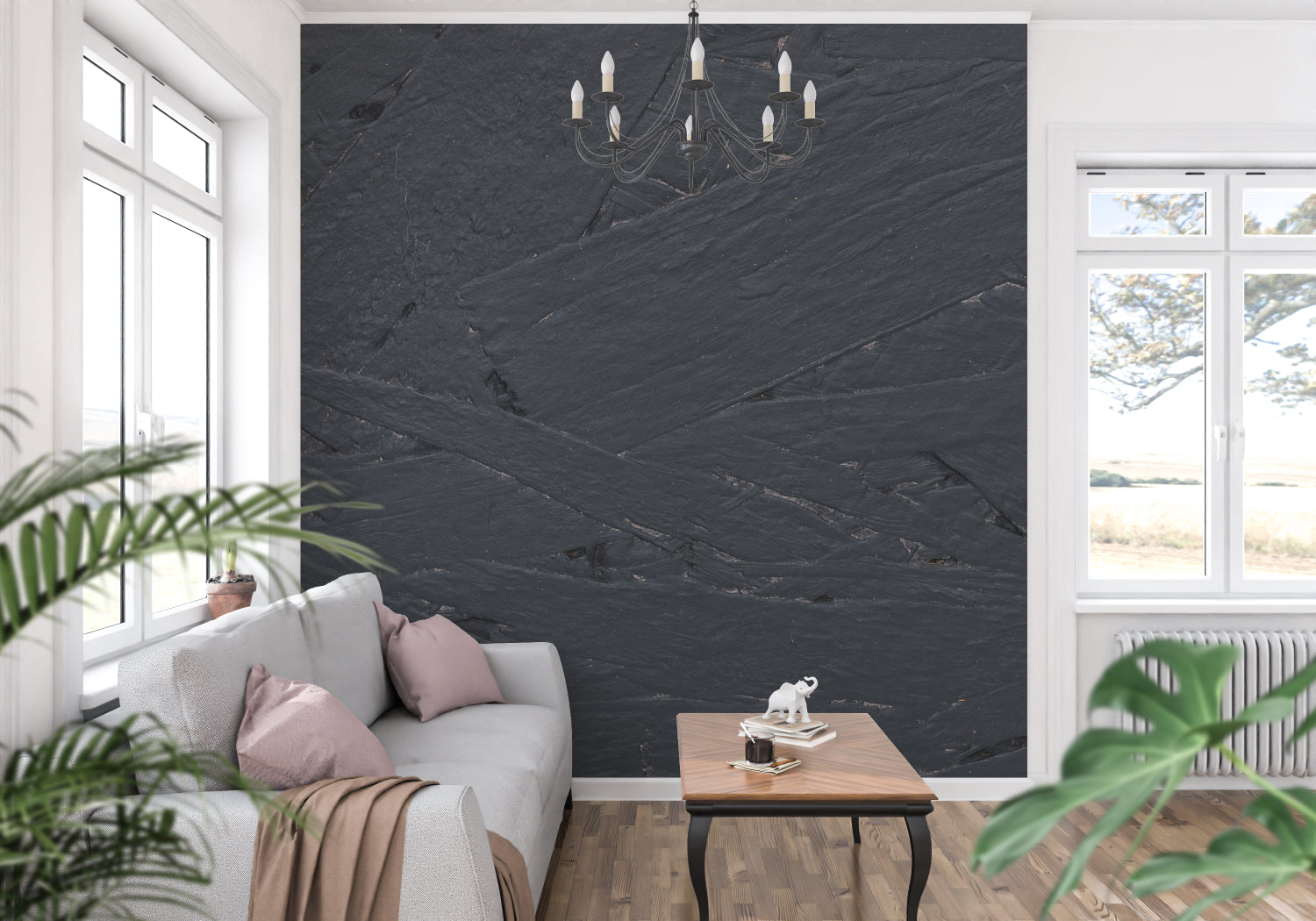 Slate stone wallpaper adding texture to an industrial-style kitchen