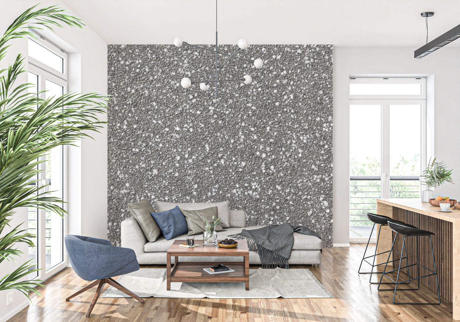 Speckled grey stone mural creating depth in a contemporary dining room