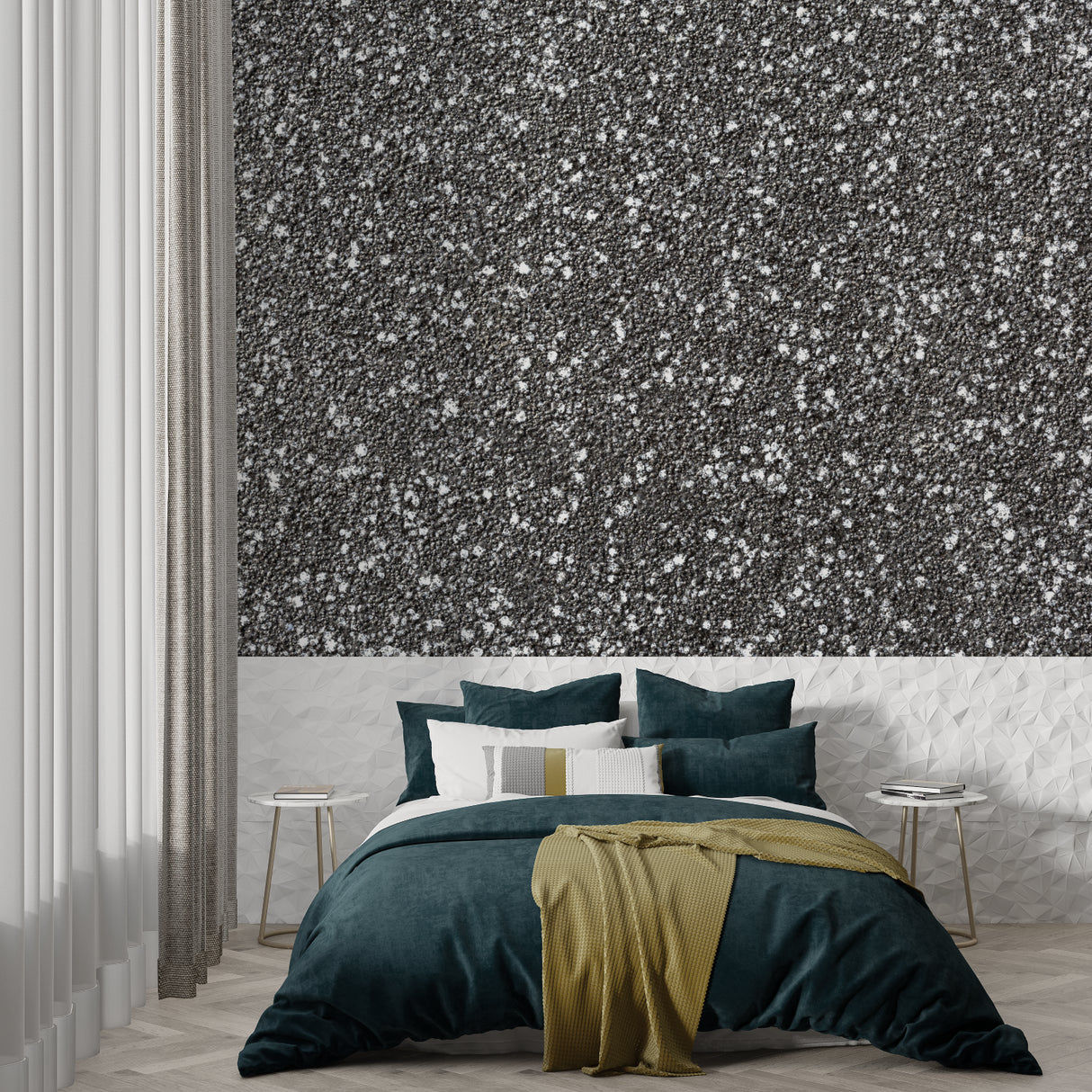 Grey stone effect wallpaper bringing texture to a modern office space