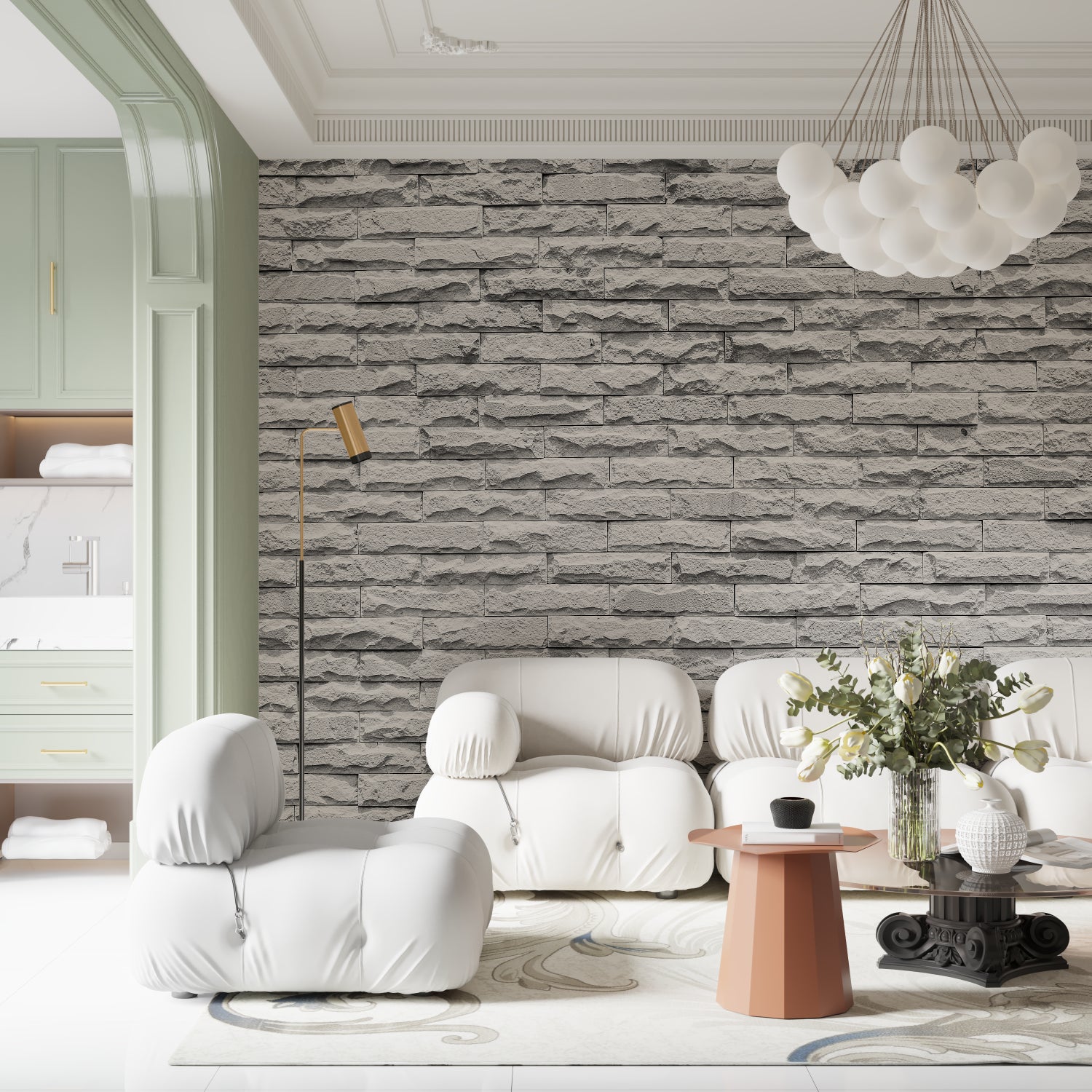 Modern grey stone wallpaper creating depth in a minimal living room setting