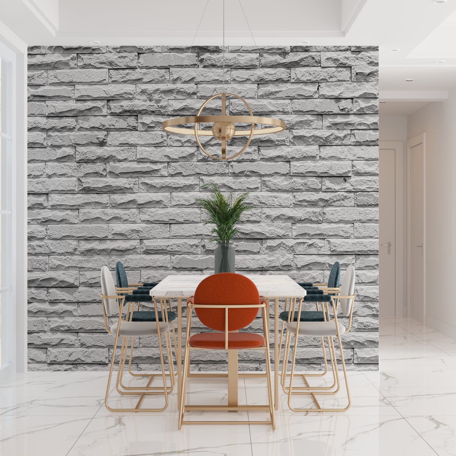 Textured stone mural creating a striking accent wall in a contemporary bedroom